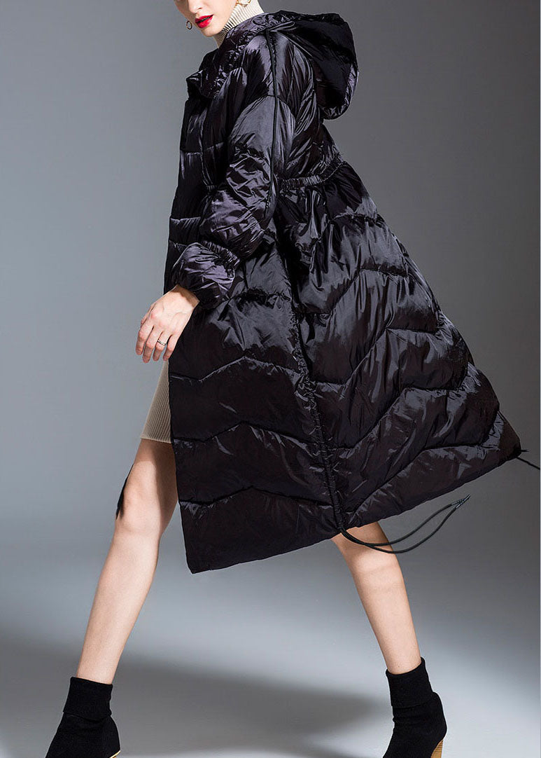 Black Hooded Drawstring Slim Fit Winter Duck Down Coat