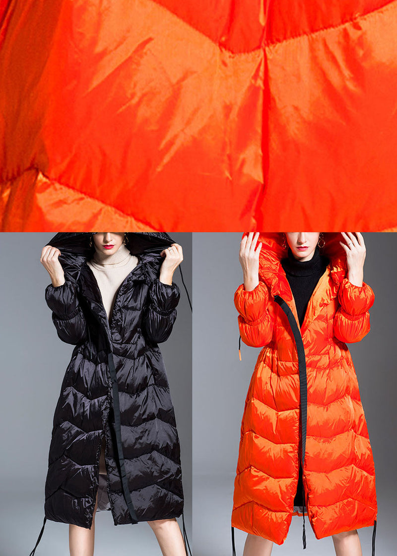 Black Hooded Drawstring Slim Fit Winter Duck Down Coat