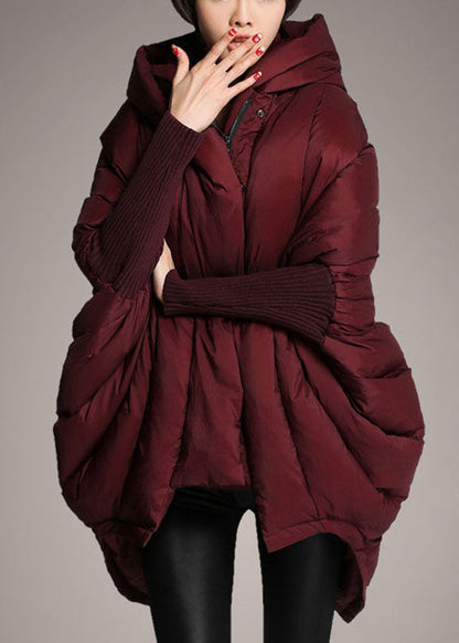Mulberry Hooded Zippered Cloak Sleeves Winter Duck Down Coat