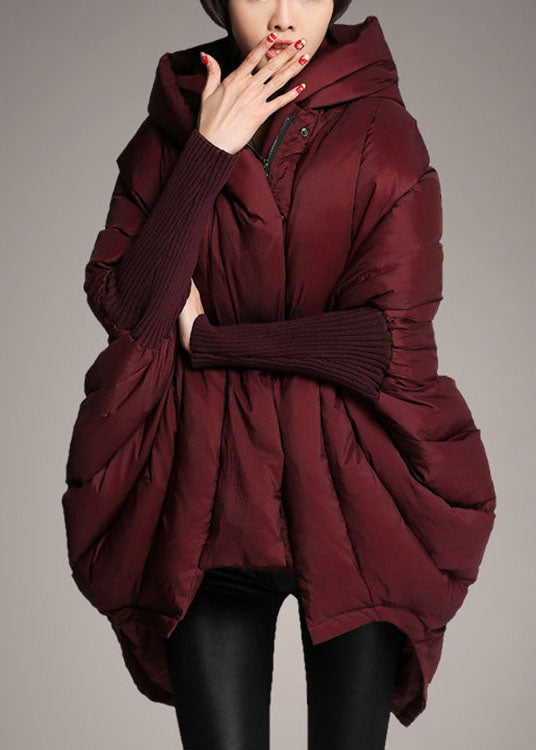 Mulberry Hooded Zippered Cloak Sleeves Winter Duck Down Coat
