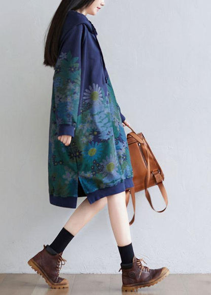 Navy Hooded Pockets Print Side Open Fall Sweatshirts Dress