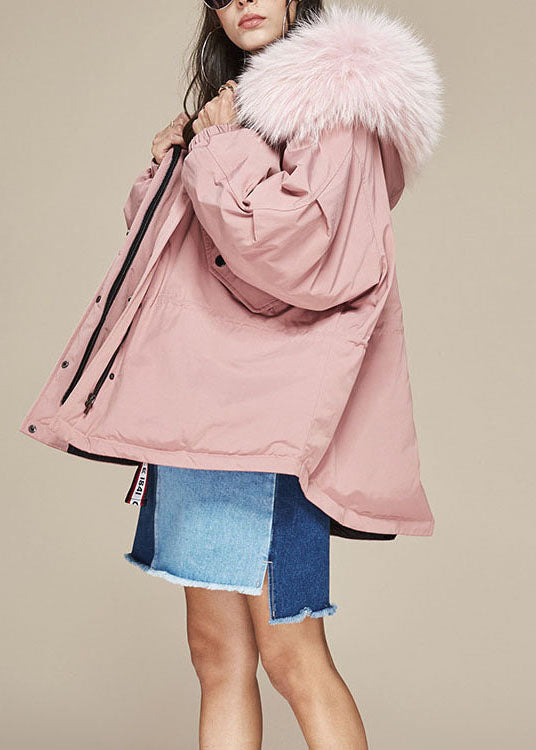 Pink Fur Collar Pockets Zippered Winter Duck Down Puffer Jacket