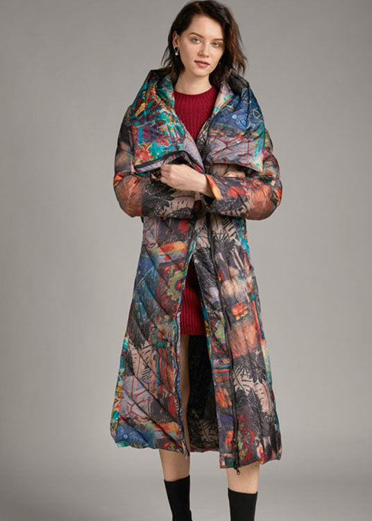 Tie Waist Slim Fit Long Print Winter Duck Down Coat