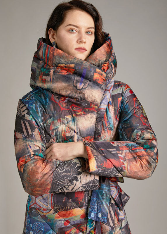Tie Waist Slim Fit Long Print Winter Duck Down Coat
