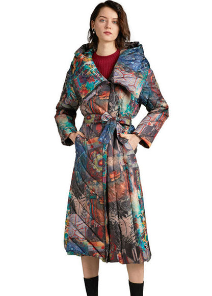 Tie Waist Slim Fit Long Print Winter Duck Down Coat