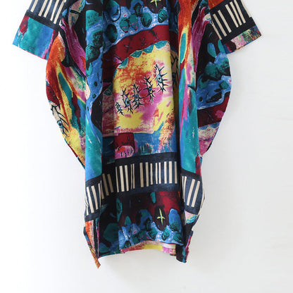 Tropical Element Baggy Linen Dresses Oversize Caftans Gown Style