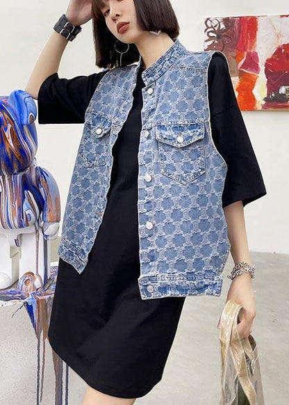 Two Piece Blue Black Denim Vest With Loose and Fashionable Skirt