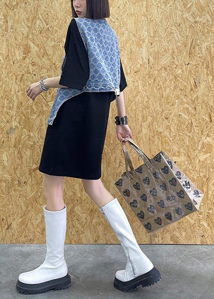 Two Piece Blue Black Denim Vest With Loose and Fashionable Skirt