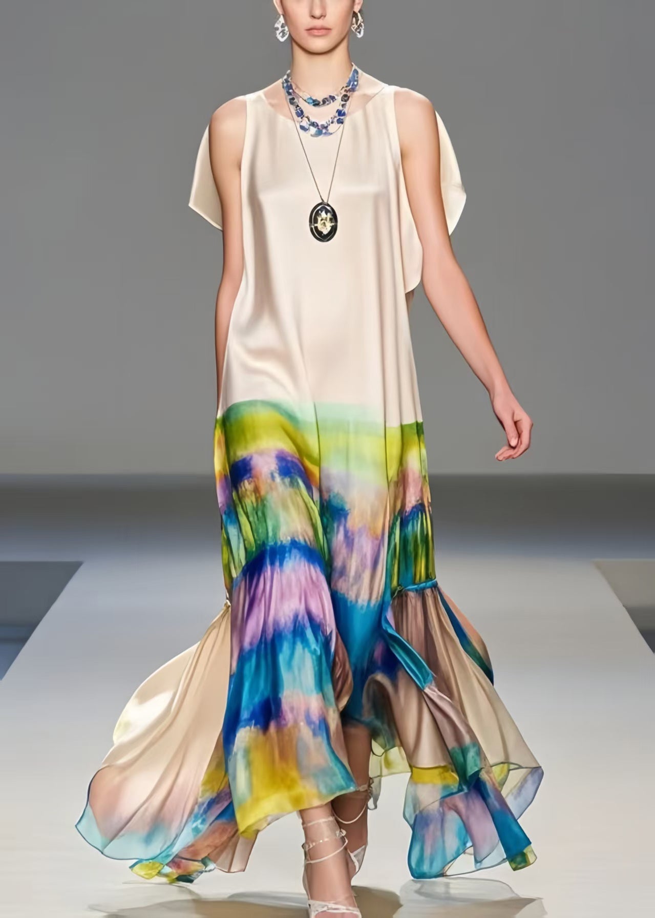 Unique Apricot Cold Shoulder Tie Dye Silk Long Dresses Sleeveless