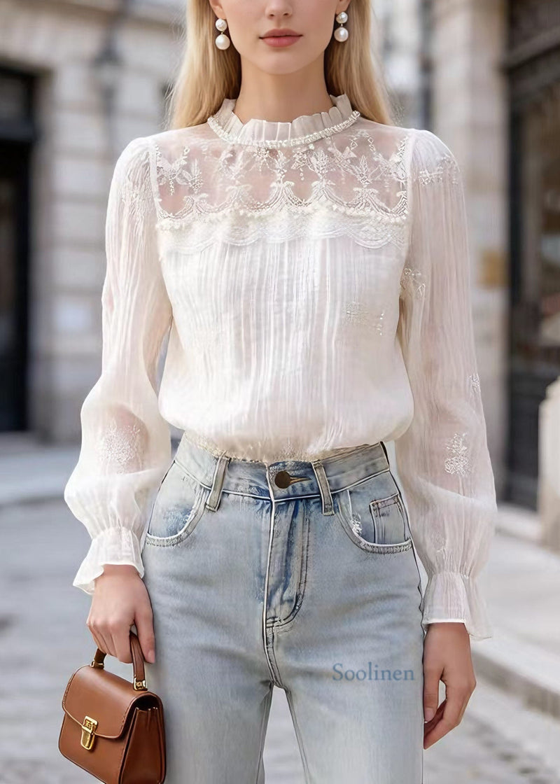 Unique Apricot Lace Nail Bead Patchwork Cotton Blouses Flare Sleeve