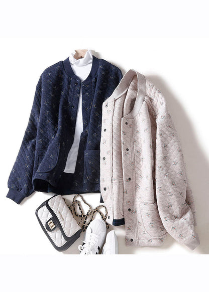 Unique Apricot O-neck Print Button Pockets Thick Cotton Coats Winter