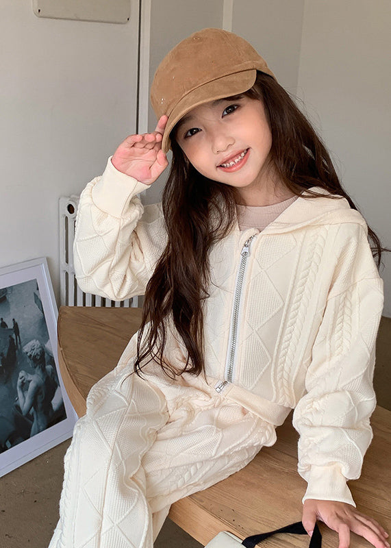 Unique Apricot Cotton Knit Kids Hooded Coats and Flared Trousers Two Piece Set Spring