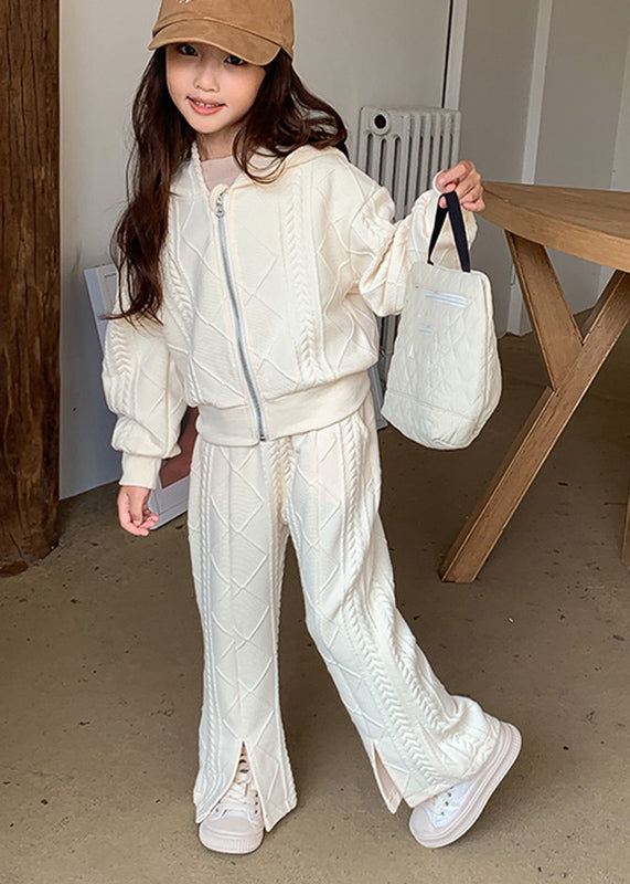 Unique Apricot Cotton Knit Kids Hooded Coats and Flared Trousers Two Piece Set Spring