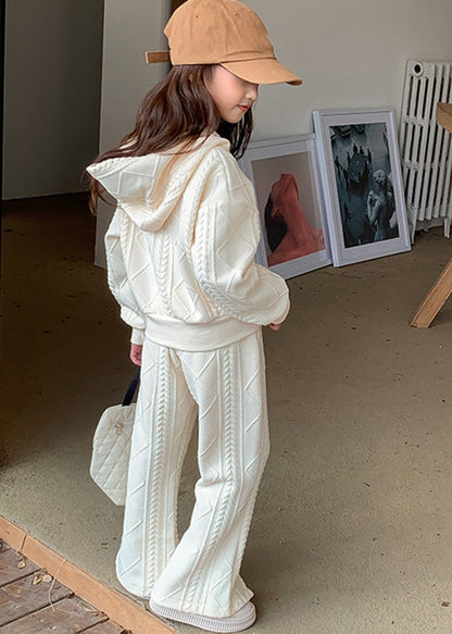 Unique Apricot Cotton Knit Kids Hooded Coats and Flared Trousers Two Piece Set Spring