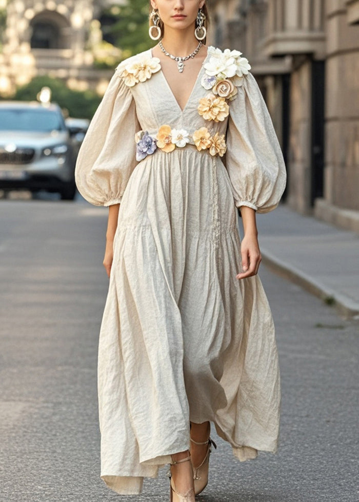 Unique Apricot V Neck Three-dimensional Cotton Dress Spring