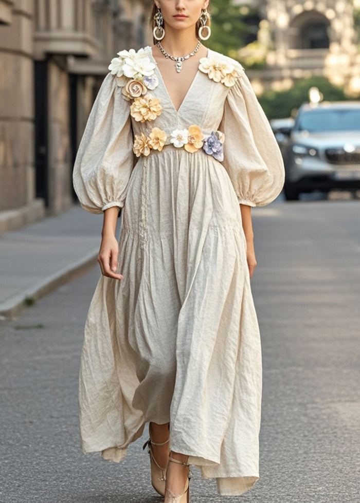 Unique Apricot V Neck Three-dimensional Cotton Dress Spring