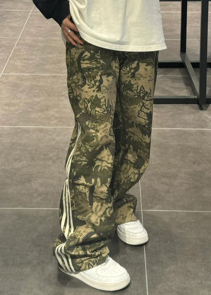 Unique Army Green Oversized Print Cotton Pants Trousers Spring