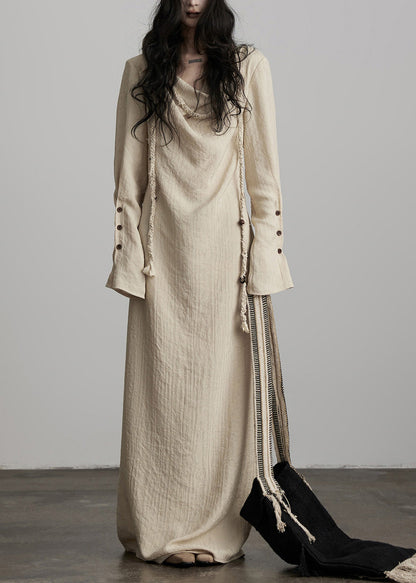 Unique Beige Button Lace Up Cotton Maxi Dress Spring