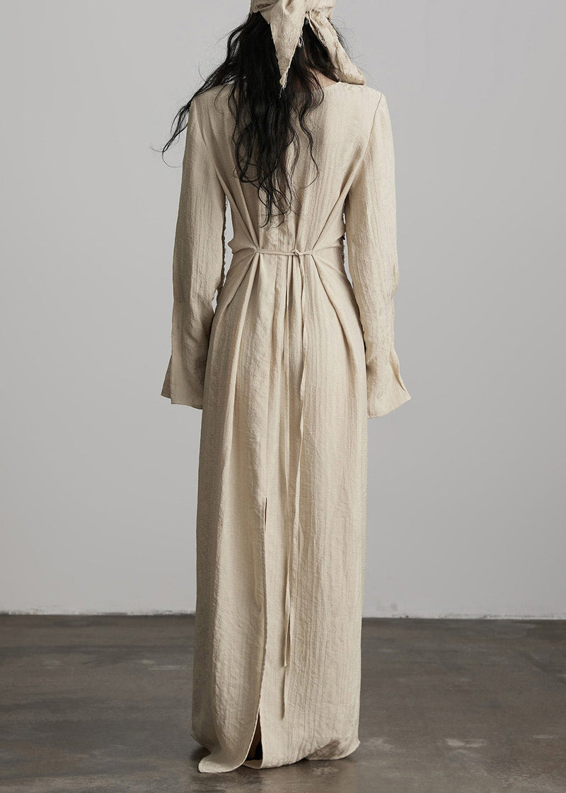 Unique Beige Button Lace Up Cotton Maxi Dress Spring