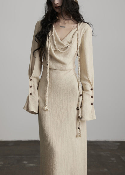 Unique Beige Button Lace Up Cotton Maxi Dress Spring