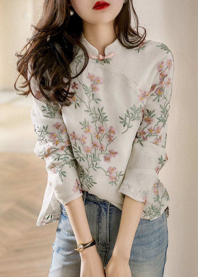 Unique Bamboo Pattern Print Linen Blouses Spring