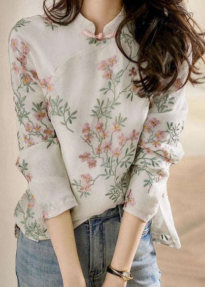 Unique Beige-flower Print Linen Blouses Spring