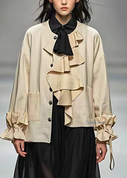Unique Beige O-neck Pockets Patchwork Coat Long Sleeve