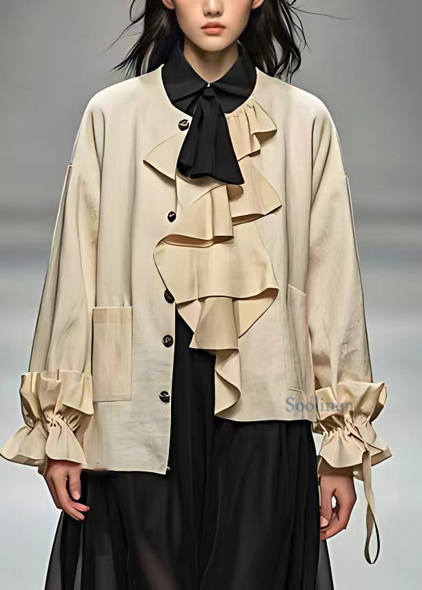 Unique Beige O-neck Pockets Patchwork Coat Long Sleeve