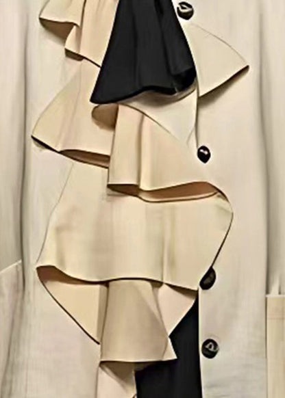 Unique Beige O-neck Pockets Patchwork Coat Long Sleeve