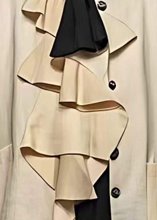 Unique Beige O-neck Pockets Patchwork Coat Long Sleeve