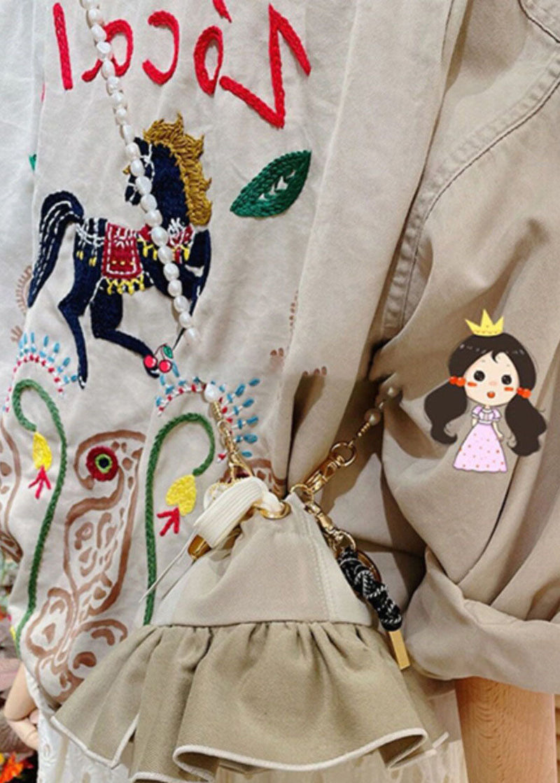 Unique Beige Peter Pan Collar Embroidered Cotton Jacket Spring