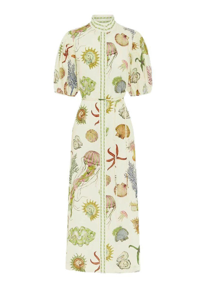 Unique Beige Stand Collar Tie Waist Maxi Dress Summer