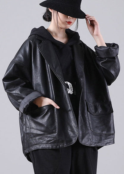 Unique Black Notched Pockets Button Fall Long Pu Sleeve Coat