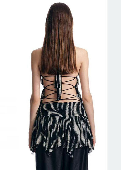 Unique Black Backless Print Halter Beach Vest Summer