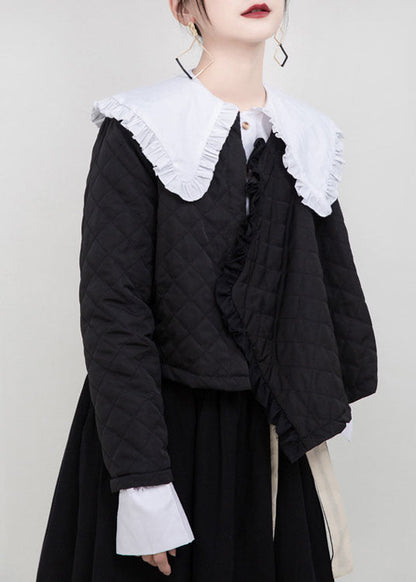 Unique Black Button Patchwork Ruffled Winter Coat Long Sleeve