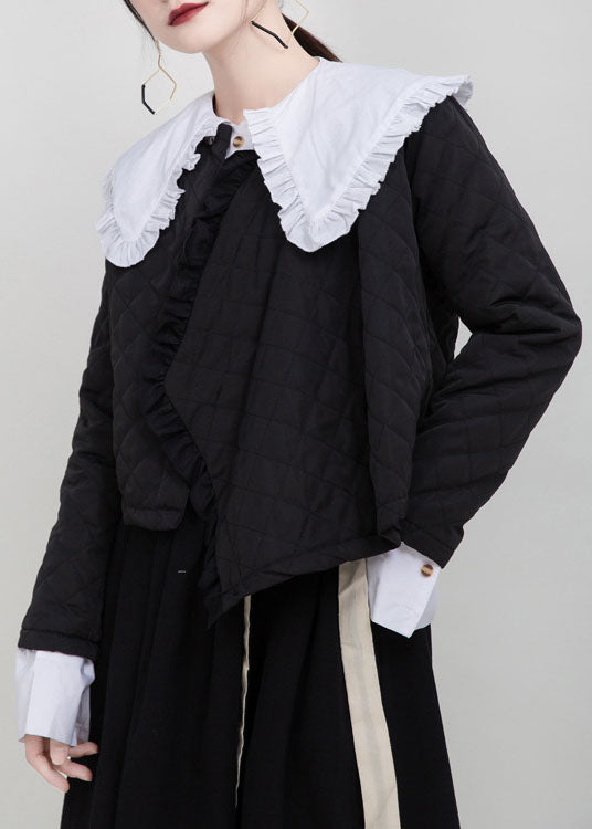 Unique Black Button Patchwork Ruffled Winter Coat Long Sleeve