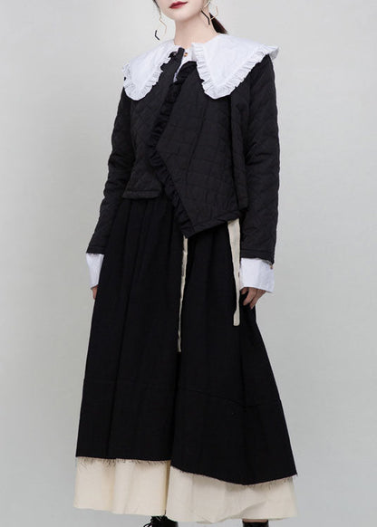 Unique Black Button Patchwork Ruffled Winter Coat Long Sleeve