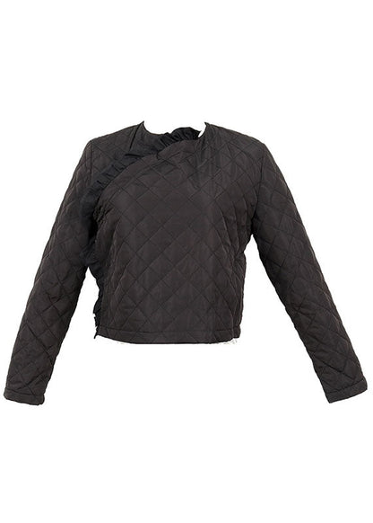 Unique Black Button Patchwork Ruffled Winter Coat Long Sleeve