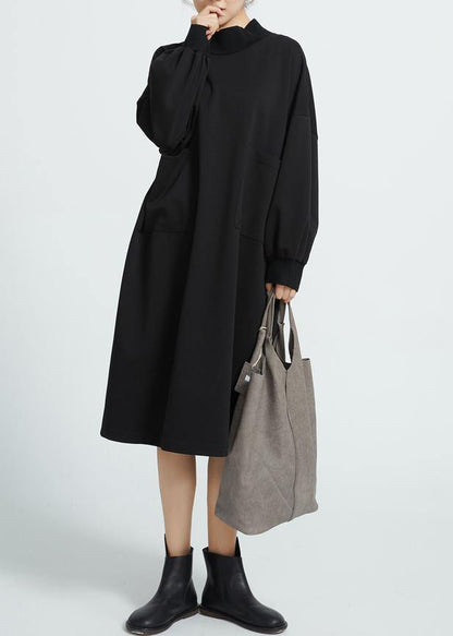 Unique Black Cotton Dresses O Neck Cotton Big Pockets Dresses