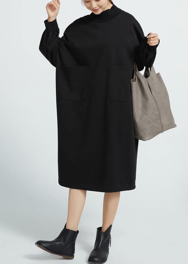 Unique Black Cotton Dresses O Neck Cotton Big Pockets Dresses