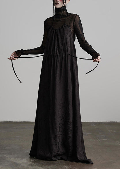 Unique Black Embroidered Lace Up Silk Spaghetti Strap Dress Spring