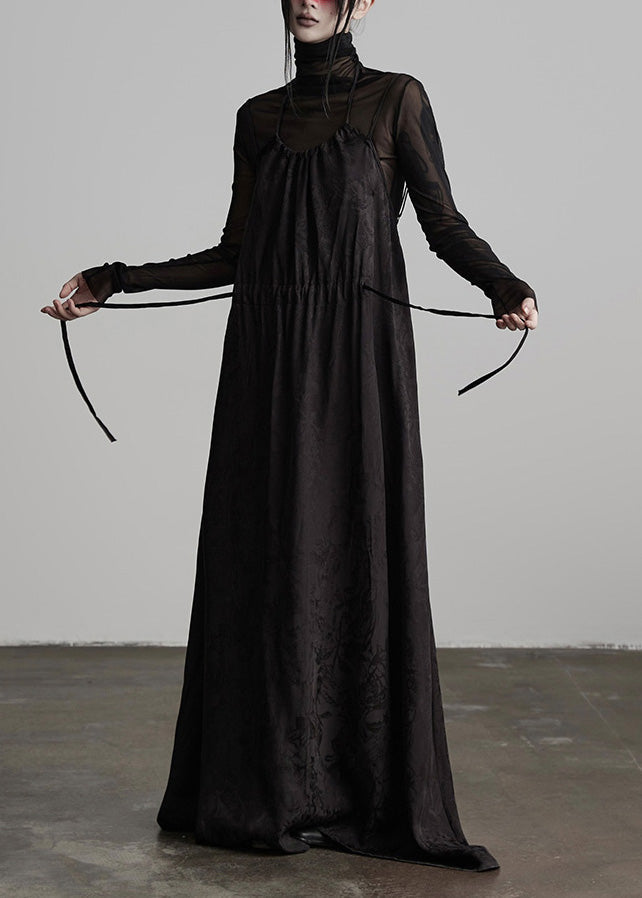 Unique Black Embroidered Lace Up Silk Spaghetti Strap Dress Spring