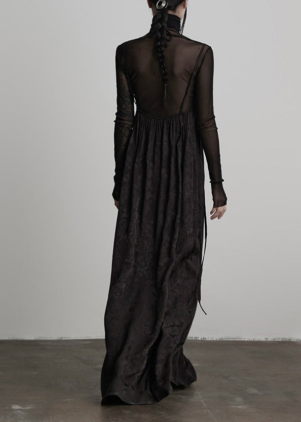 Unique Black Embroidered Lace Up Silk Spaghetti Strap Dress Spring