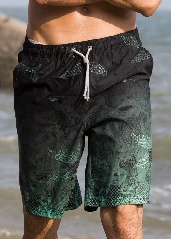 Unique Black Gradient Color Print Drawstring Cotton Shorts Summer