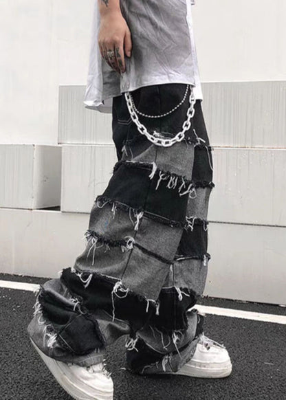 Unique Black High Waist Patchwork Denim Pants Summer