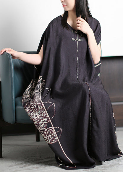 Unique Black O-neck Asymmetrical Patchwork Print Silk Vacation Dresses Half Sleeve