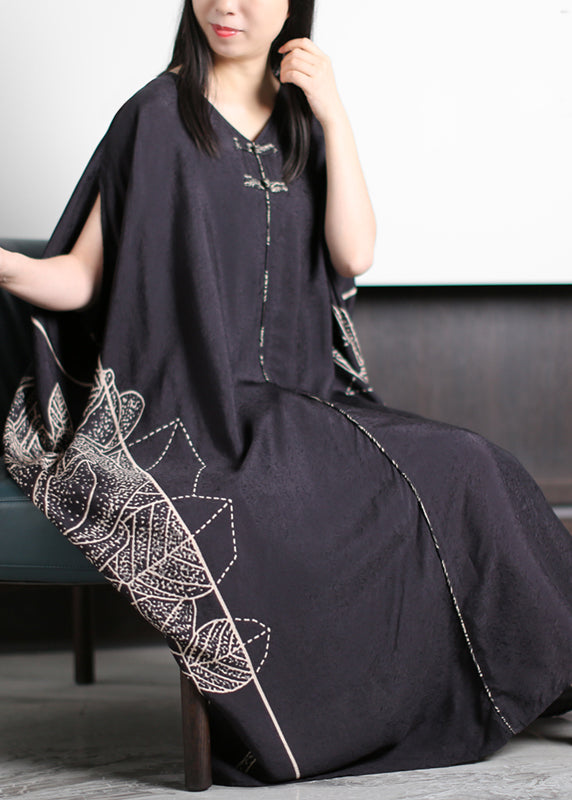 Unique Black O-neck Asymmetrical Patchwork Print Silk Vacation Dresses Half Sleeve