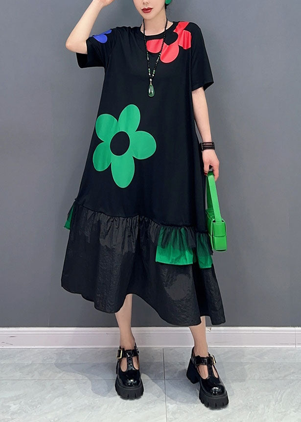 Unique Black O Neck Wrinkled Patchwork Cotton Dress Summer
