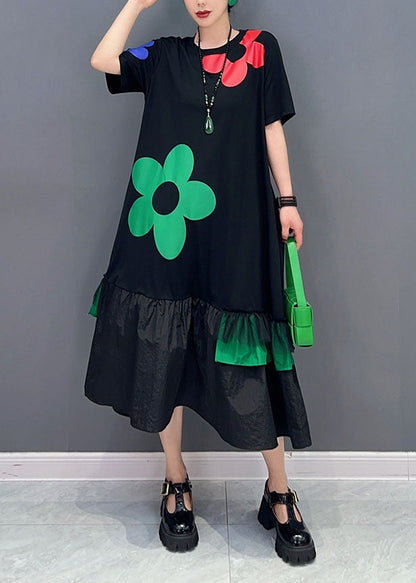 Unique Black O Neck Wrinkled Patchwork Cotton Dress Summer
