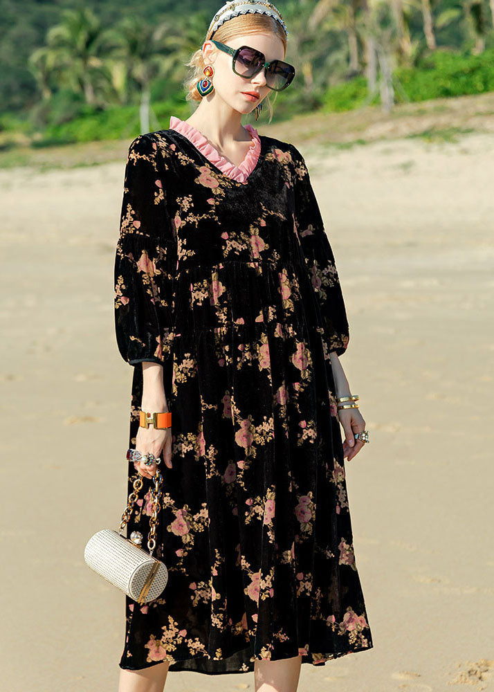 Unique Black O-neck Print Patchwork Silk Velour Maxi Dress Long Sleeve